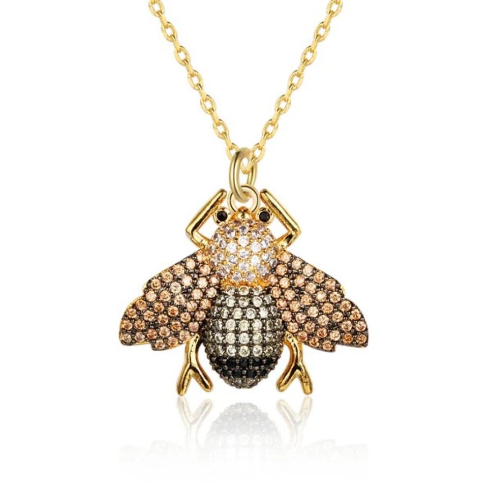 AWESOME BLACK, WHITE & CHAMPAGNE CZ ENCRUSTED FLY NECKLACE 14K GOLD PLATED BRASS